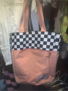 Herschel Supply Company Peach Canvas Tote with Black-and-White Checkered Trim